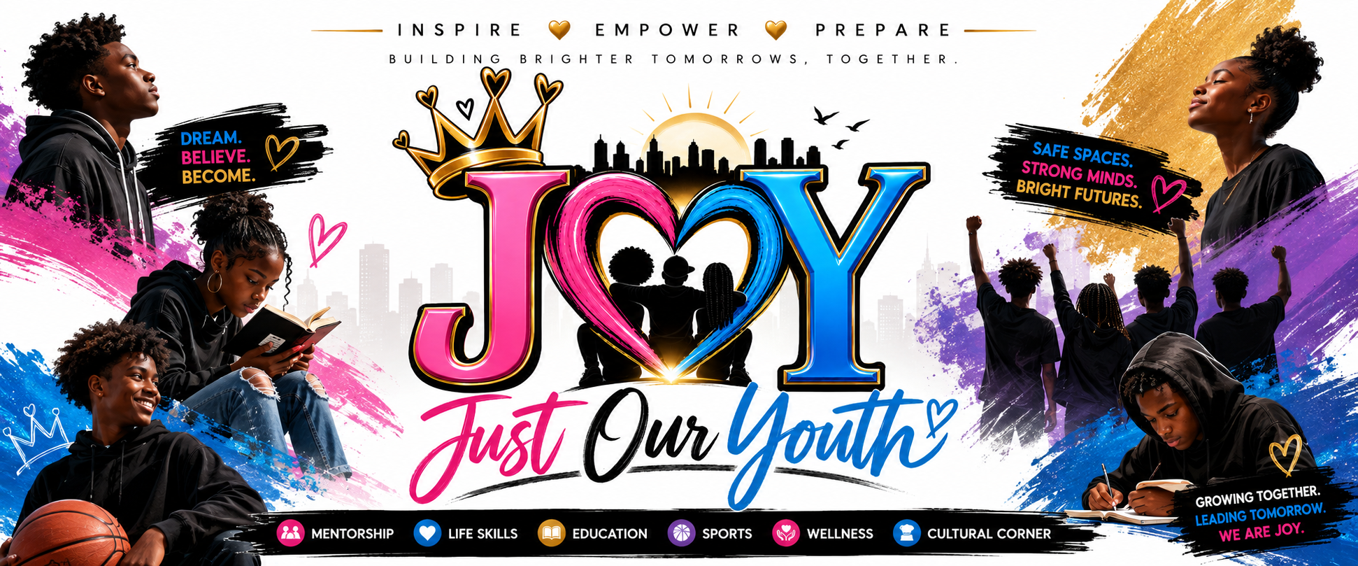 Official JOY Development banner featuring Rochester youth, families, and the JOY mission